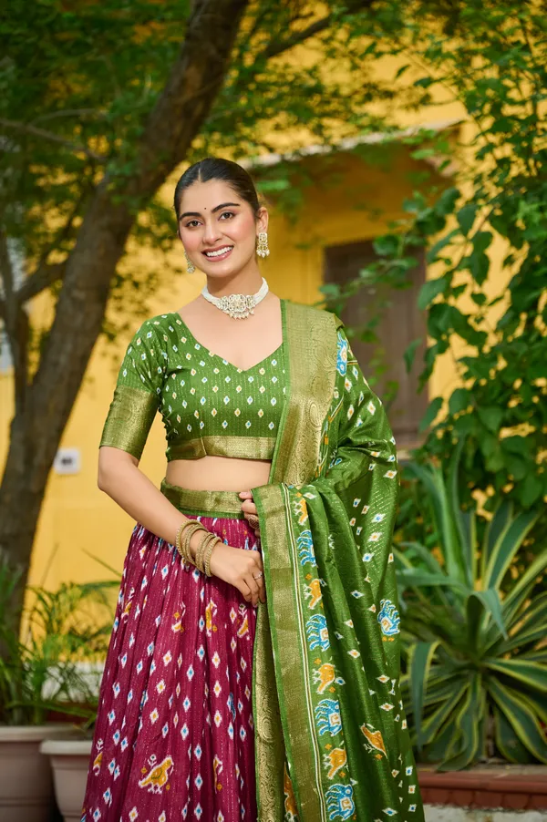Green_Tasar_Silk_Printed_Flared_Lehenga_Choli_For_Women
