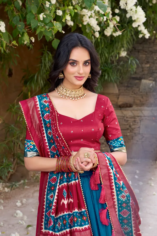 Teal_Tasar_Silk_Printed_Lehenga_Choli_For_Women
