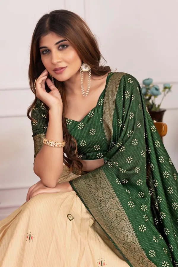 Green_Tasar_Silk_Printed_Flared_Lehenga_Choli_For_Women