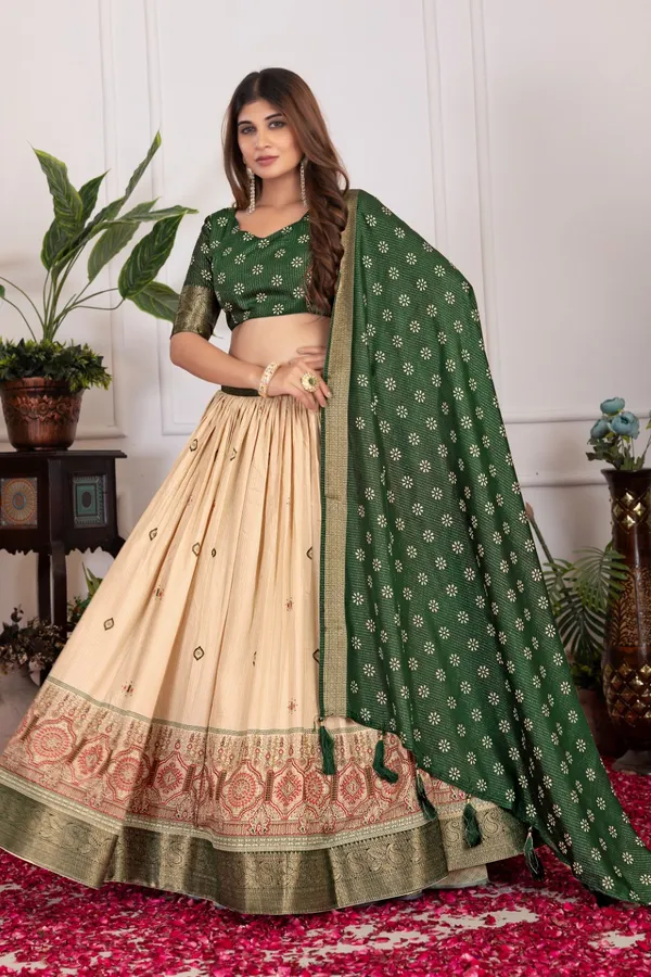 Green_Tasar_Silk_Printed_Flared_Lehenga_Choli_For_Women