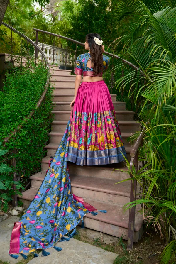 Pink_Tasar_Silk_Floral_Printed_Flared_Lehenga_Choli_For_Women