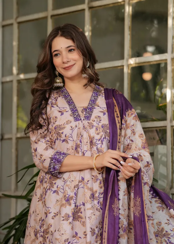 Beige_Floral_Print_Straight_Kurta_Set_For_Women