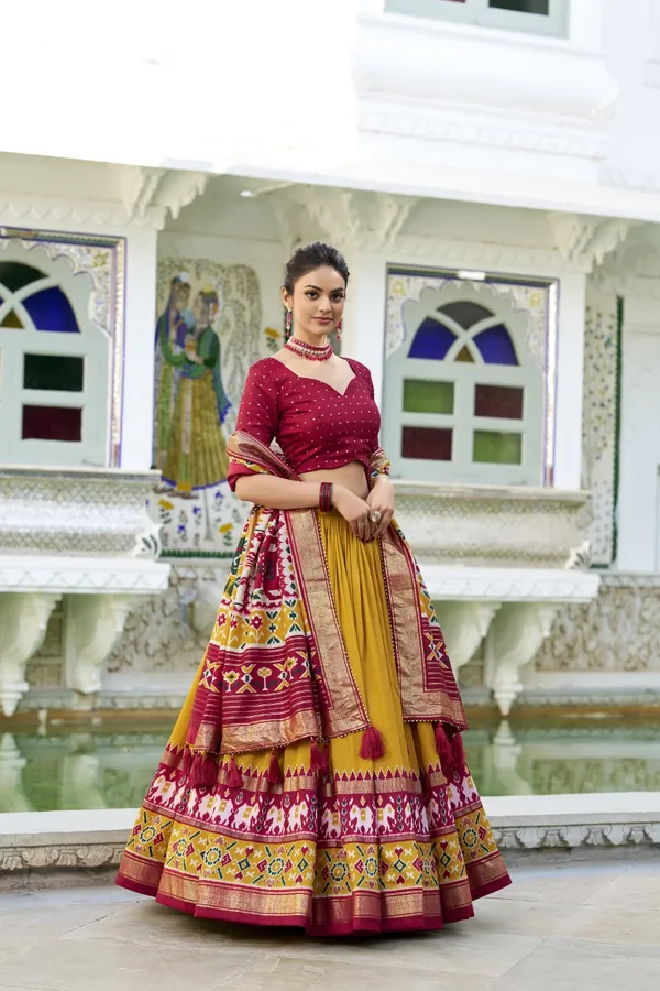 Mustard_Tasar_Silk_Printed_Flared_Lehenga_Choli_For_Women