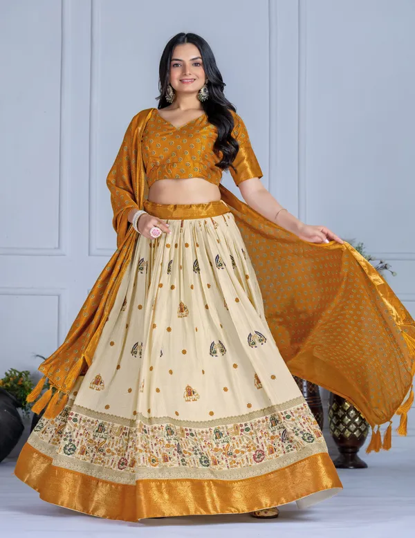 Yellow_Tasar_Silk_Printed_Flared_Lehenga_Choli_For_Women