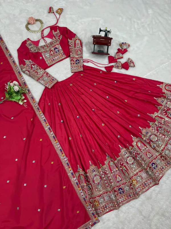 Red_Tasar_Silk_Embroidered_Flared_Lehenga_Choli_For_Women
