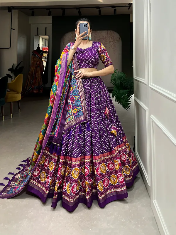 Purple_Tasar_Silk_Geometric_Printed_Flared_Lehenga_Choli_For_Women