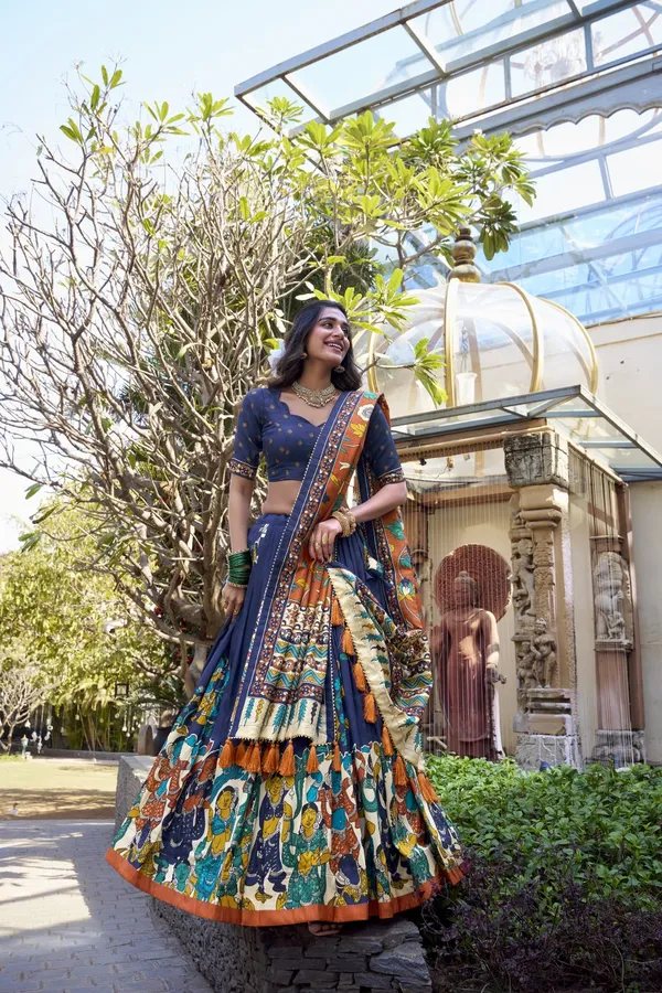 Navy_Tasar_Silk_Printed_Flared_Lehenga_Choli_For_Women