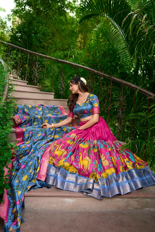 Pink_Tasar_Silk_Floral_Printed_Flared_Lehenga_Choli_For_Women