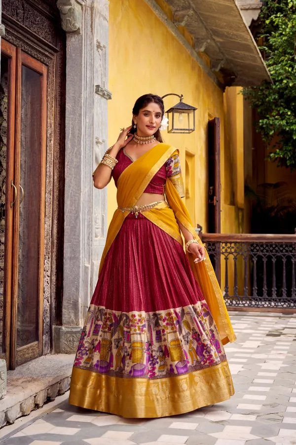 Red_Tasar_Silk_Printed_Flared_Lehenga_Choli_For_Women