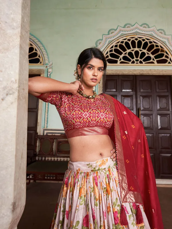 Red_Tasar_Silk_Printed_Lehenga_Choli_For_Women
