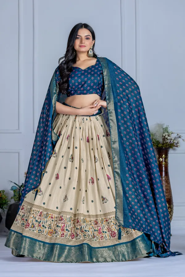 Blue_Tasar_Silk_Flared_Lehenga_Choli_For_Women