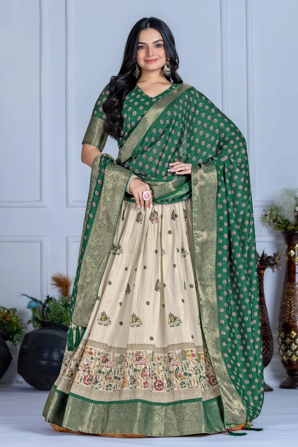 Green_Tasar_Silk_Flared_Lehenga_Choli_For_Women