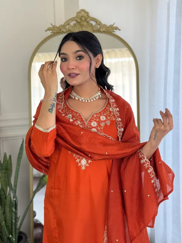 Orange_Embroidered_Kurta_Set_For_Women