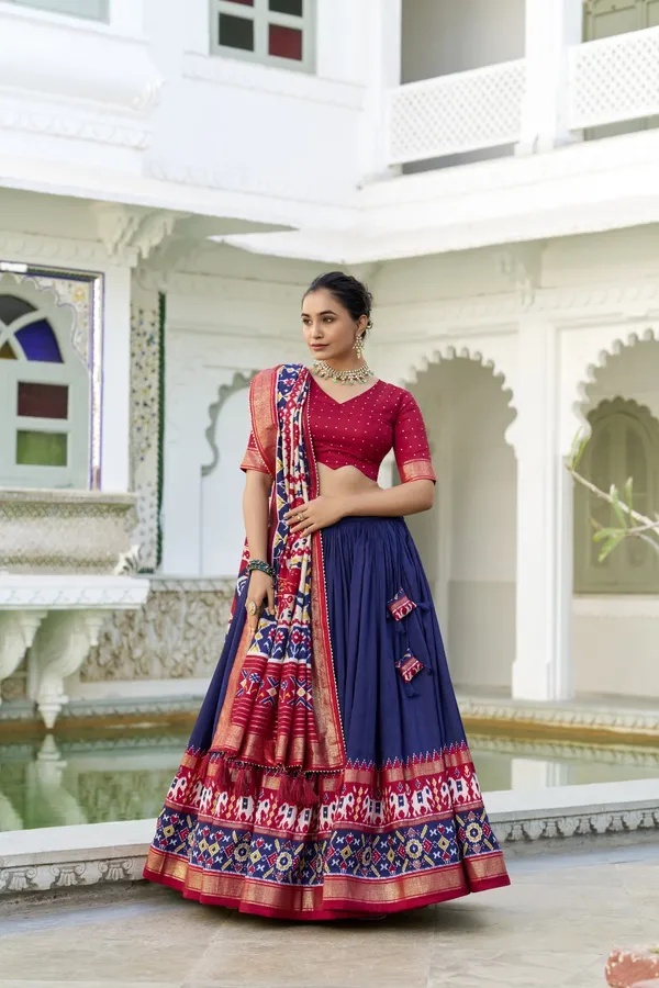 Navy_Tasar_Silk_Printed_Flared_Lehenga_Choli_For_Women
