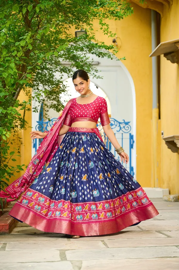 Navy_Tasar_Silk_Printed_Flared_Lehenga_Choli_For_Women