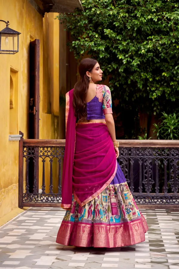 Purple_Tasar_Silk_Printed_Flared_Lehenga_Choli_For_Women