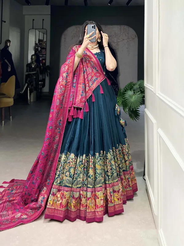 Navy_Tasar_Silk_Printed_Flared_Lehenga_Choli_For_Women