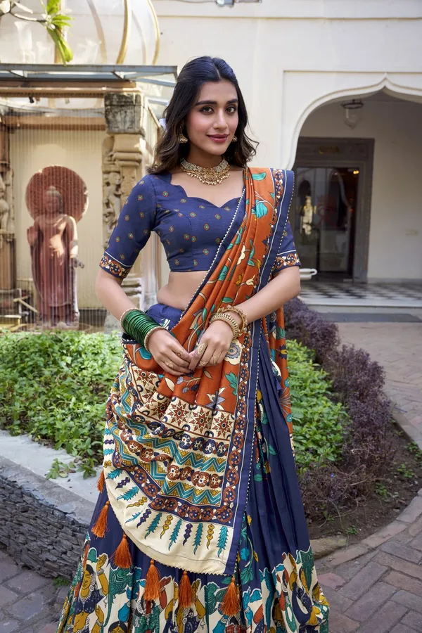 Navy_Tasar_Silk_Printed_Flared_Lehenga_Choli_For_Women