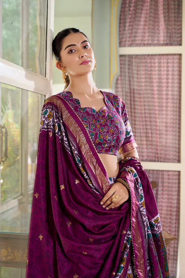 Purple_Tasar_Silk_Flared_Printed_Lehenga_Choli_For_Women
