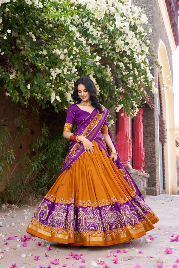 Mustard_Tasar_Silk_Printed_Flared_Lehenga_Choli_For_Women