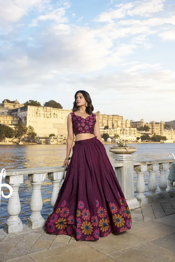 Wine_Tasar_Silk_Floral_Printed_Flared_Lehenga_Choli_For_Women