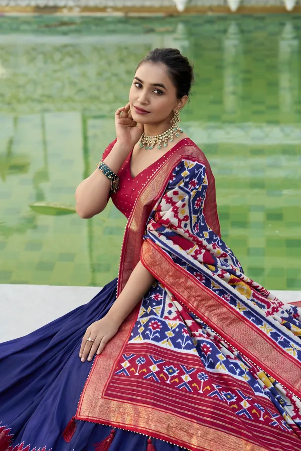 Navy_Tasar_Silk_Printed_Flared_Lehenga_Choli_For_Women