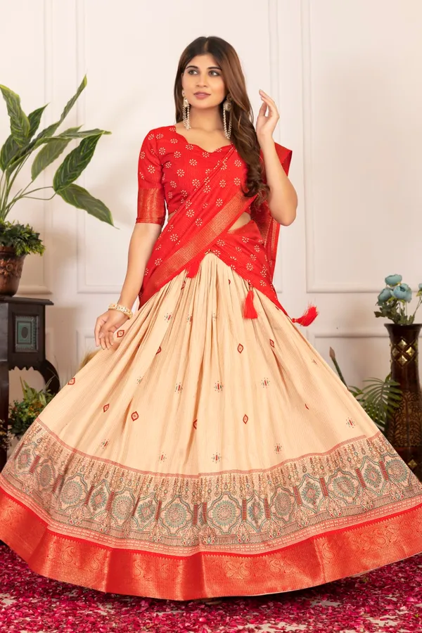 Red_Tasar_Silk_Printed_Flared_Lehenga_Choli_For_Women