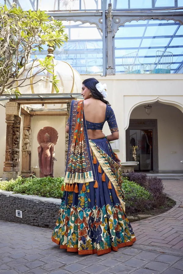 Navy_Tasar_Silk_Printed_Flared_Lehenga_Choli_For_Women