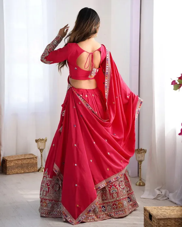 Red_Tasar_Silk_Embroidered_Flared_Lehenga_Choli_For_Women