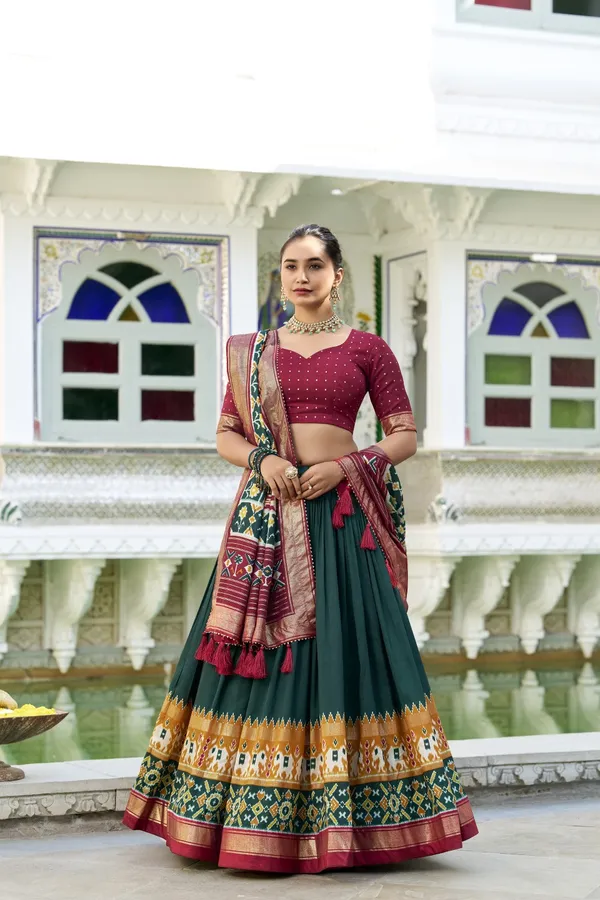 Green_Tasar_Silk_Flared_Lehenga_Choli_For_Women