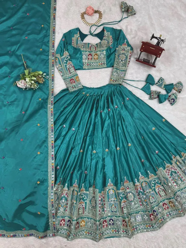 Teal_Tasar_Silk_Embroidered_Flared_Lehenga_Choli_For_Women