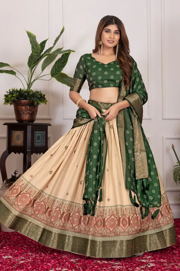 Green_Tasar_Silk_Printed_Flared_Lehenga_Choli_For_Women