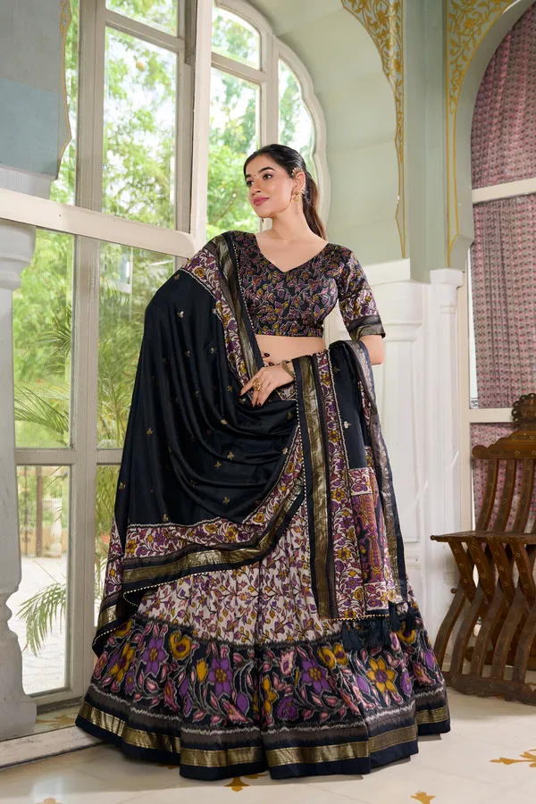 Black_Tasar_Silk_Floral_Print_Lehenga_Choli_For_Women