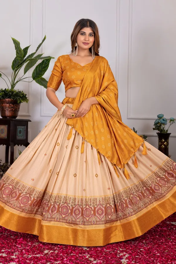 Orange_Tasar_Silk_Printed_Flared_Lehenga_Choli_For_Women