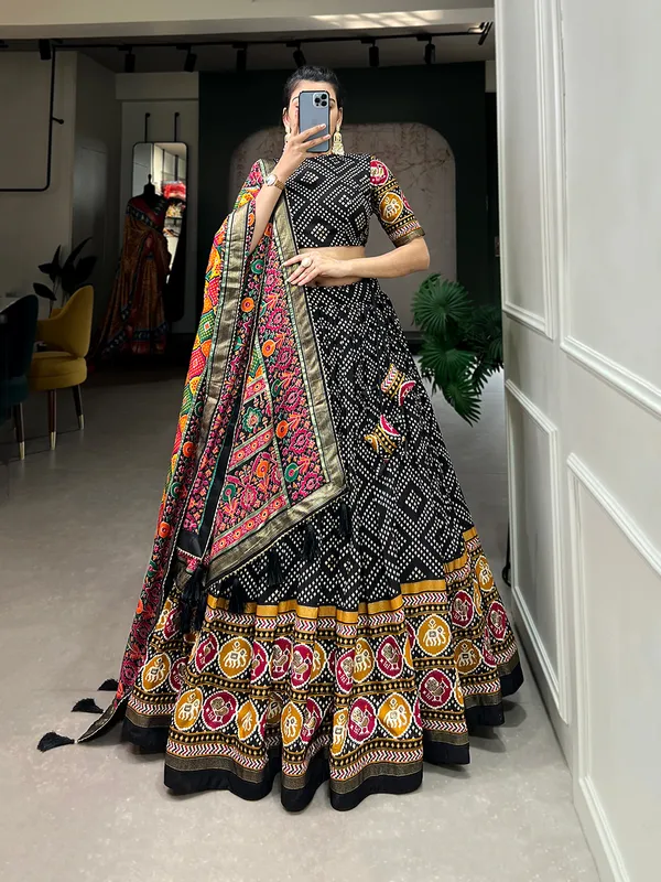Black_Tasar_Silk_Printed_Flared_Lehenga_Choli_For_Women