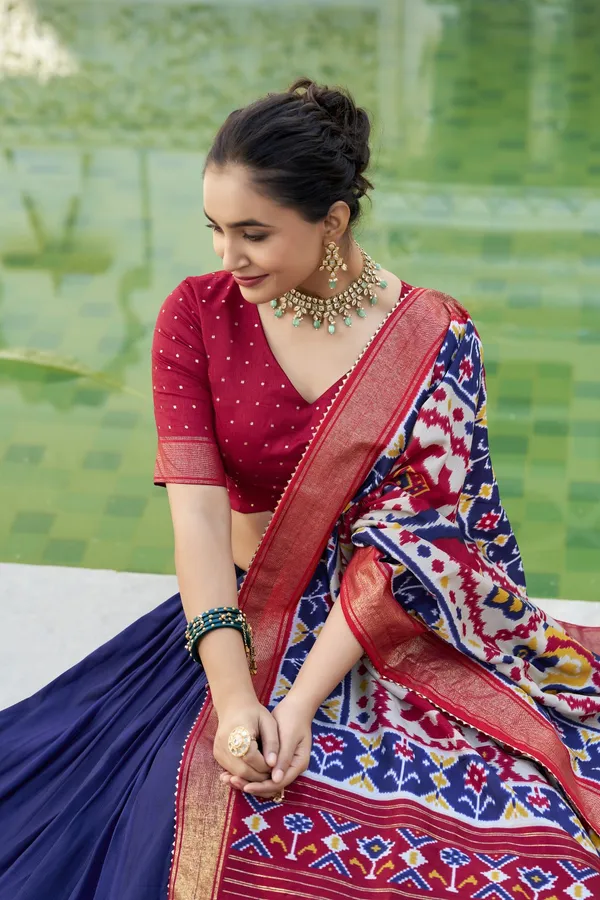 Navy_Tasar_Silk_Printed_Flared_Lehenga_Choli_For_Women