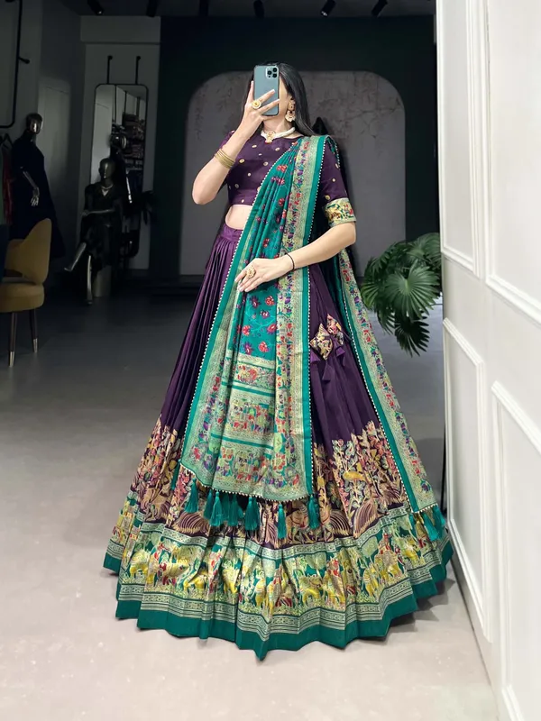Purple_Tasar_Silk_Printed_Flared_Lehenga_Choli_For_Women
