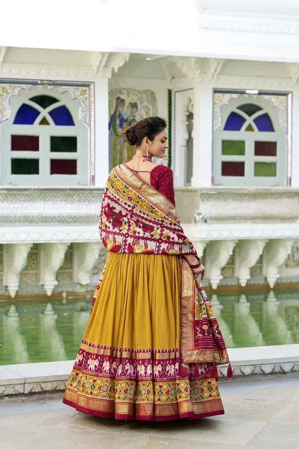 Mustard_Tasar_Silk_Printed_Flared_Lehenga_Choli_For_Women