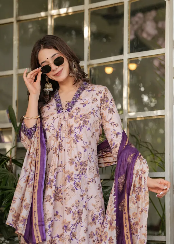 Beige_Floral_Print_Straight_Kurta_Set_For_Women