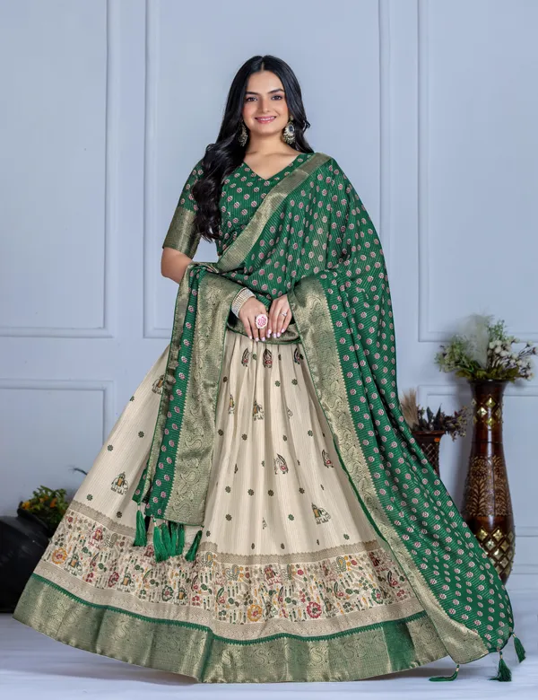 Green_Tasar_Silk_Flared_Lehenga_Choli_For_Women