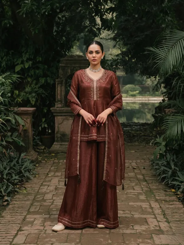 Brown_Embroidered_Three_Piece_Suit_Set_For_Women