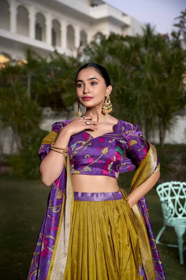 Yellow_Tasar_Silk_Printed_Flared_Lehenga_Choli_For_Women