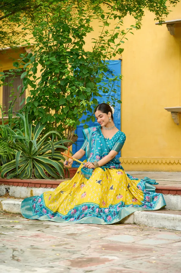 Blue_Tasar_Silk_Printed_Flared_Lehenga_Choli_For_Women