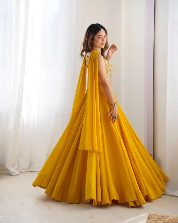 Yellow_Tasar_Silk_Flared_Lehenga_Choli_For_Women