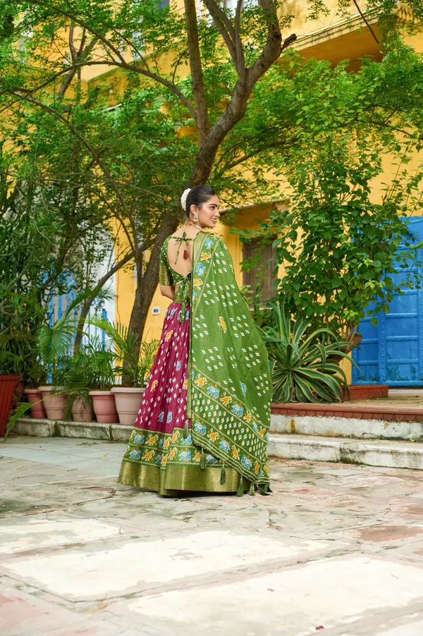 Green_Tasar_Silk_Printed_Flared_Lehenga_Choli_For_Women