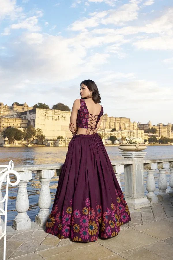 Wine_Tasar_Silk_Floral_Printed_Flared_Lehenga_Choli_For_Women