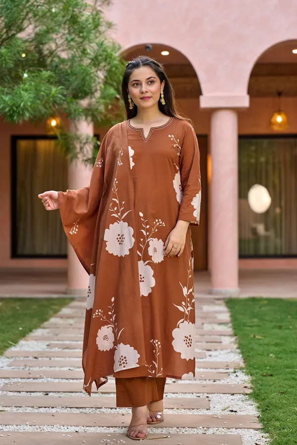 Brown_Floral_Print_Kurta_Set_With_Dupatta_for_Women