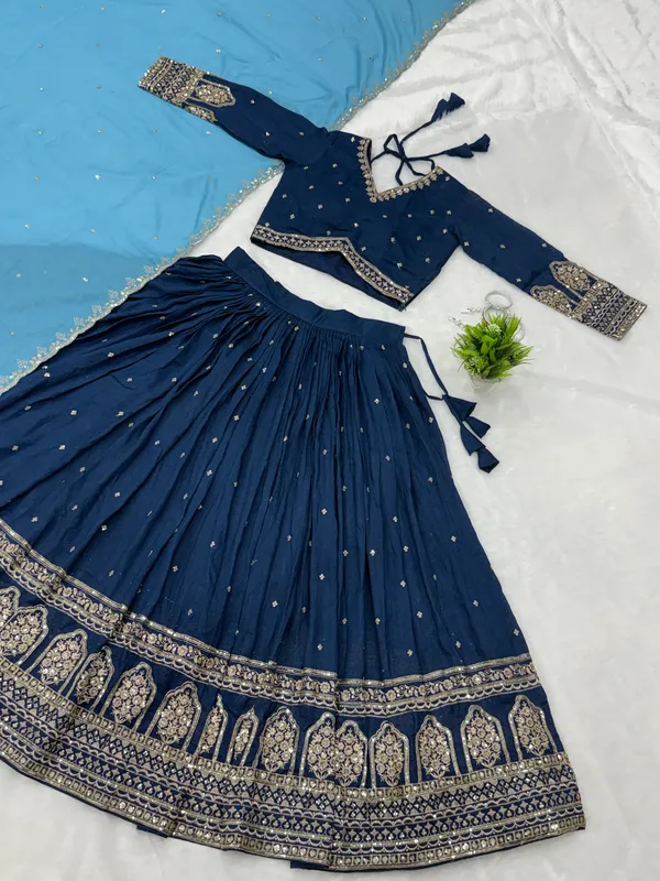 Navy_Vichitra_Silk_Embellished_Flared_Lehenga_Choli_For_Women