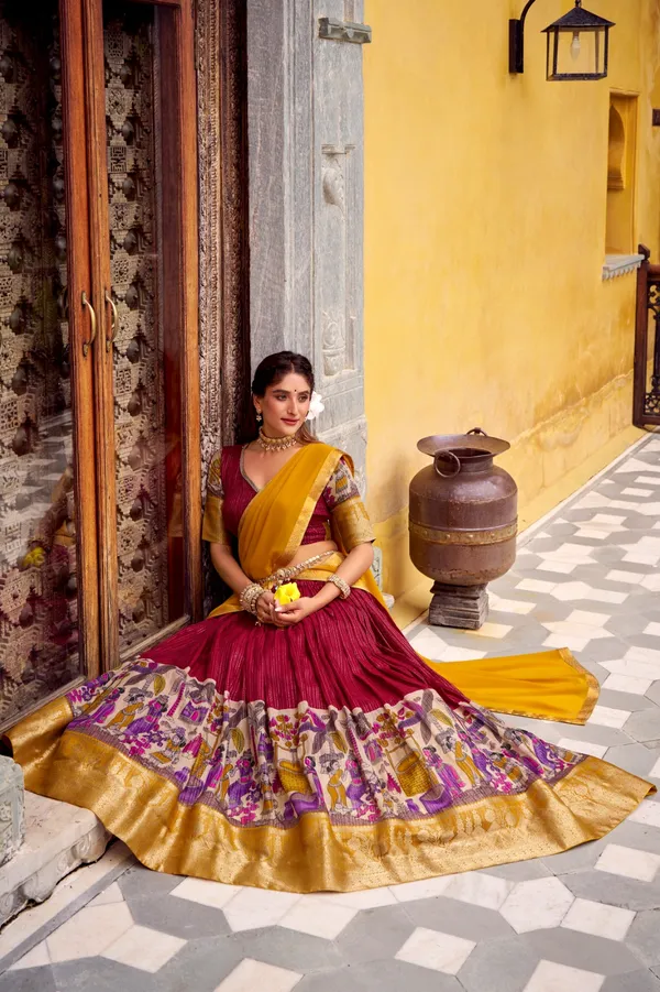 Red_Tasar_Silk_Printed_Flared_Lehenga_Choli_For_Women