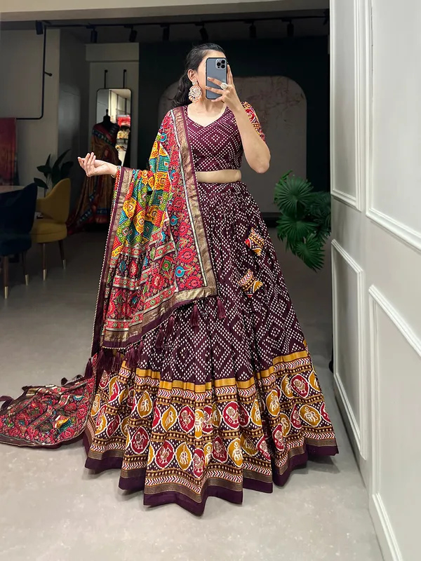 Wine_Tasar_Silk_Geometric_Printed_Flared_Lehenga_Choli_For_Women